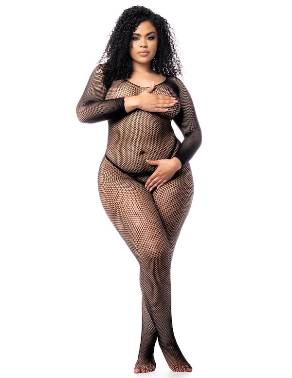 Mapale Long Sleeve Plus Size Fishnet Bodystocking ALT2 view Color: BK