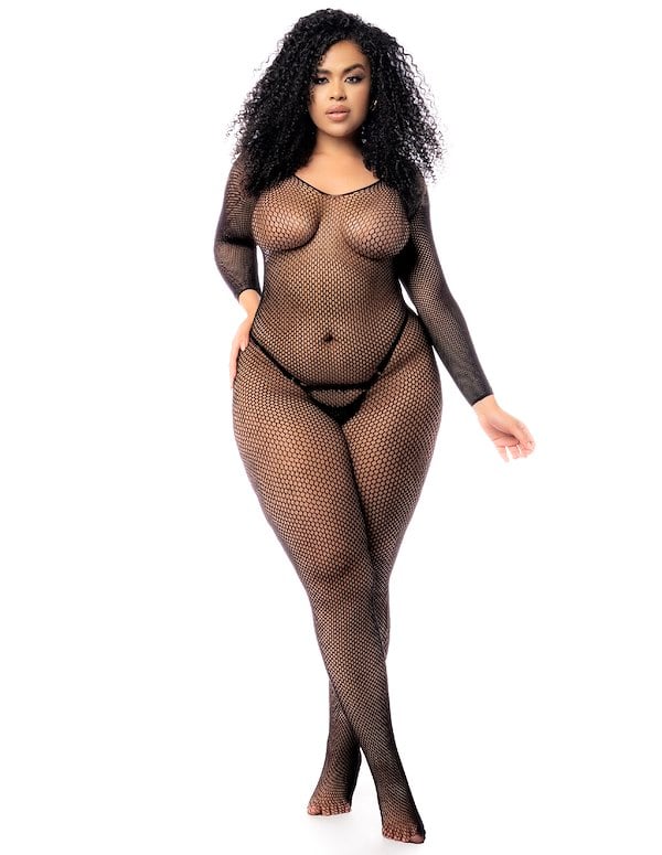 Mapale Long Sleeve Plus Size Fishnet Bodystocking ALT3 view Color: BK