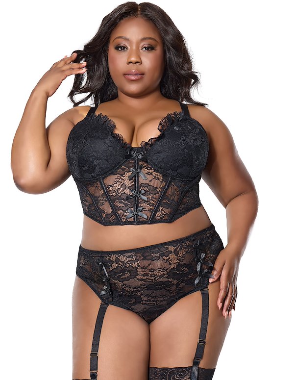 LILA CROPPED PLUS SIZE BUSTIER AND GARTER PANTY ALT2 view Color: BK