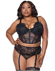 Front view of LILA CROPPED PLUS SIZE BUSTIER AND GARTER PANTY