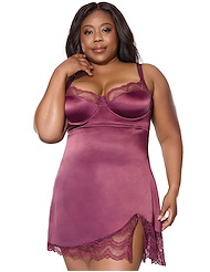 Front view of LYDIA PLUM PLUS SIZE STRETCH SATIN CHEMISE WITH LACE DETAIL