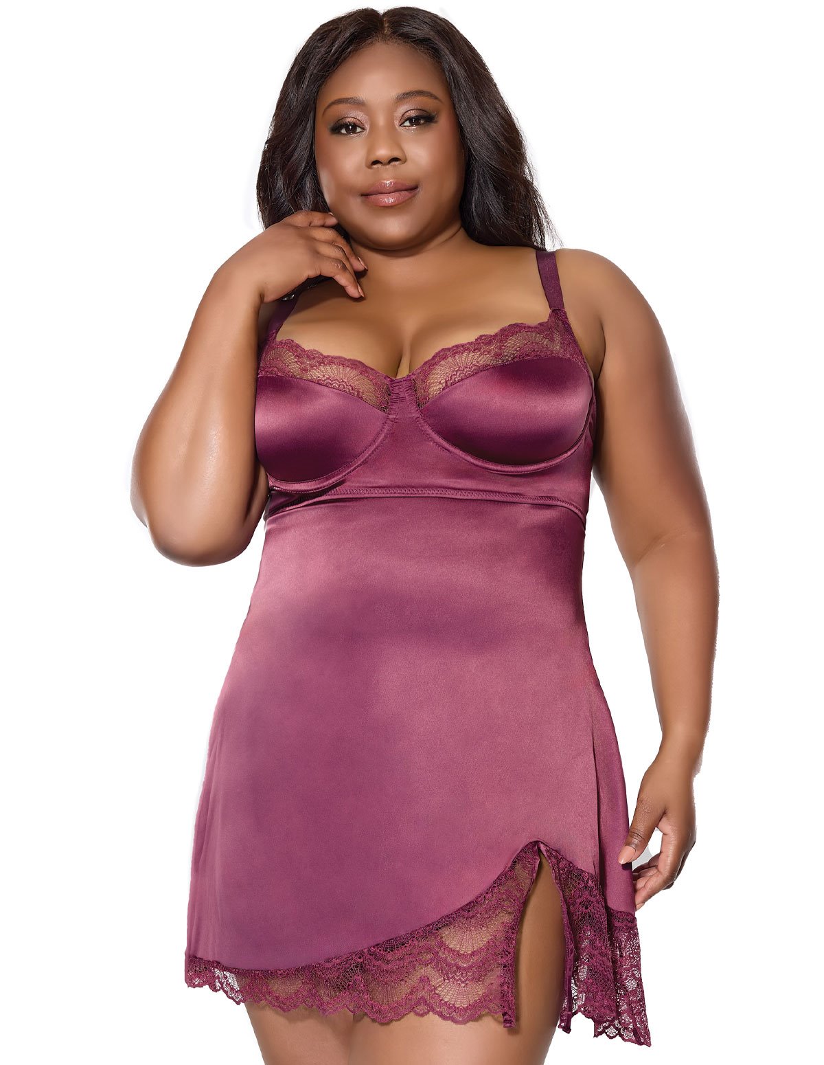 alternate image for LYDIA STRETCH SATIN CHEMISE WITH LACE DETAIL