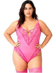 Front view of SERAPHINA MESH PLUS SIZE TEDDY WITH LACE TRIM