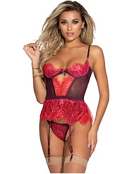 Front view of ELI EYELASH LACE BUSTIER AND THONG SET