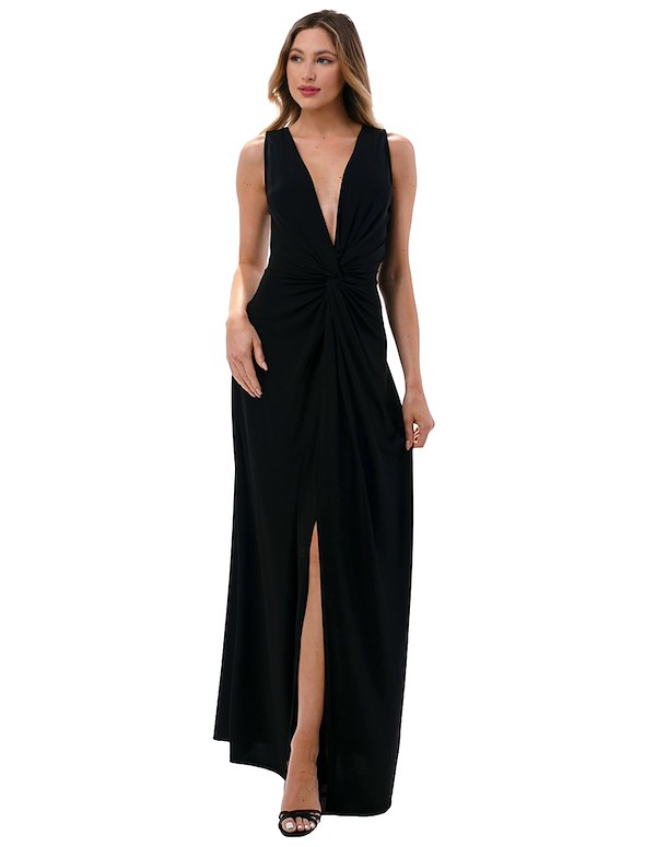 TWIST FRONT PLUNGING NECKLINE MAXI DRESS ALT4 view Color: BK