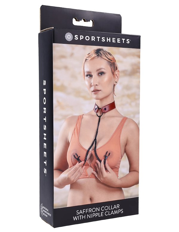 SPORTSHEETS SAFFRON COLLAR WITH NIPPLE CLAMPS ALT4 view Color: BKR
