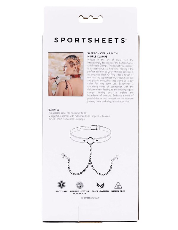 SPORTSHEETS SAFFRON COLLAR WITH NIPPLE CLAMPS ALT5 view Color: BKR