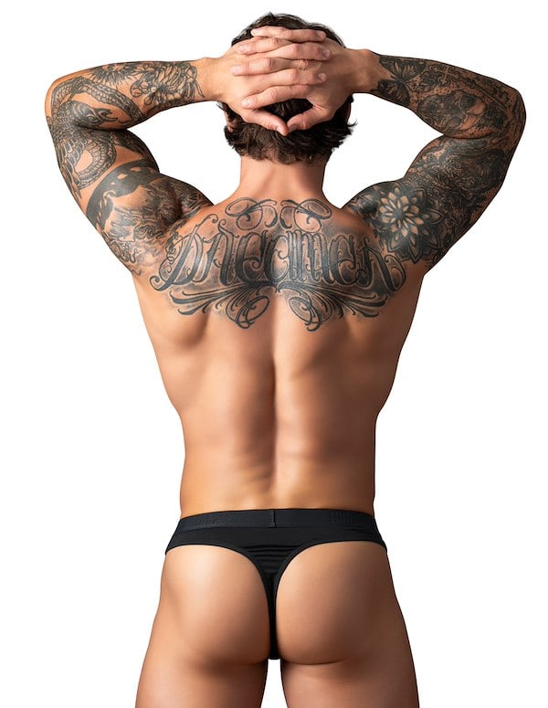 OPEN ENDED THONG WITH OPEN FRONT ELASTIC COCK RING ALT1 view Color: BK