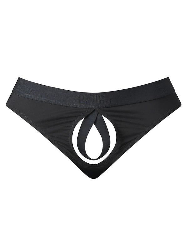 OPEN ENDED THONG WITH OPEN FRONT ELASTIC COCK RING ALT2 view Color: BK