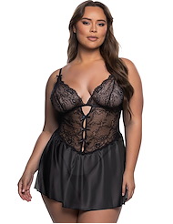 Front view of PARADISE DREAMS BLACK TULLE PLUS SIZE BABYDOLL