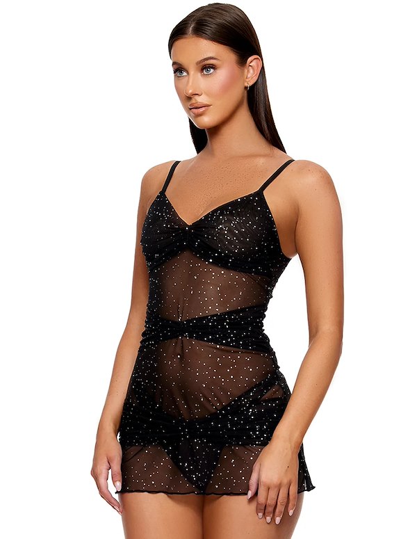 PRIVATE PARTY FOIL DOT MESH CHEMISE AND THONG ALT2 view Color: BK