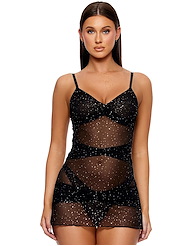 Front view of PRIVATE PARTY FOIL DOT MESH CHEMISE AND THONG