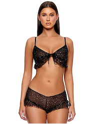 Front view of PRIVATE PARTY FOIL DOT MESH BRALETTE AND BOYSHORT SET