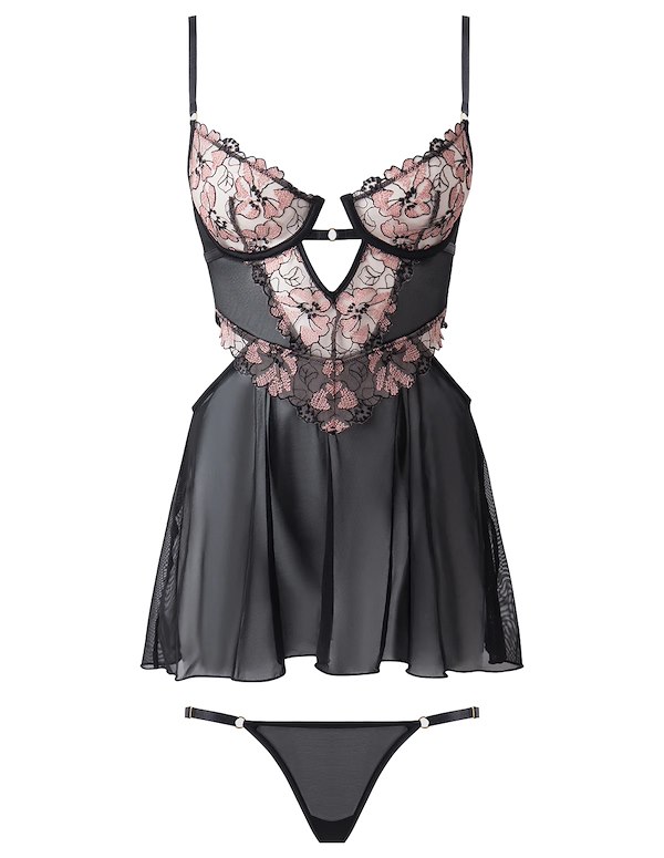 NOVA BLACKLIGHT LACE BABYDOLL AND G-STRING ALT3 view Color: BK