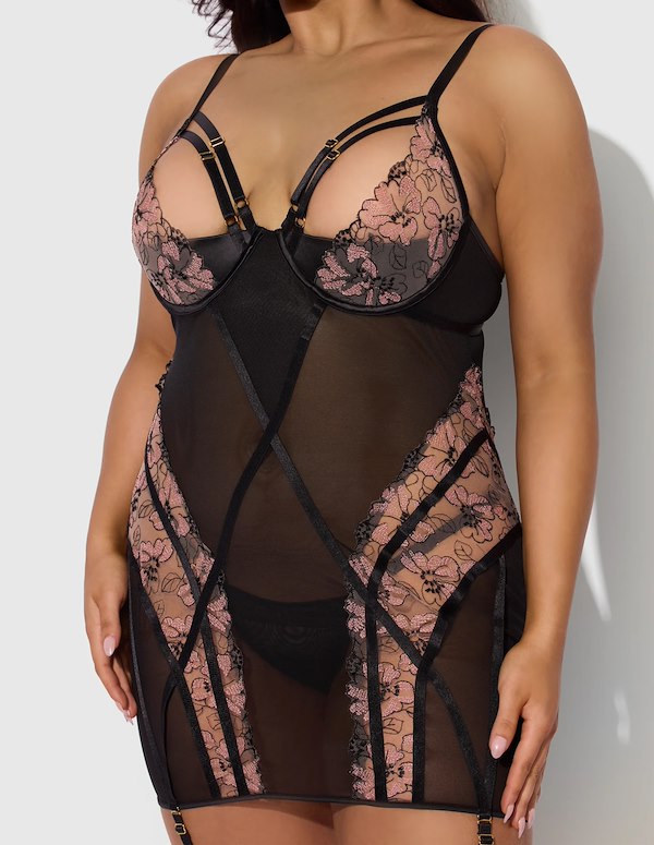 NOVA BLACKLIGHT PLUS SIZE LACE CHEMISE AND THONG ALT3 view Color: BK