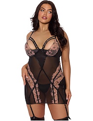 Front view of NOVA BLACKLIGHT PLUS SIZE LACE CHEMISE AND THONG