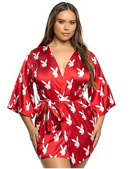 Front view of CHILL BUNNY PLUS SIZE ROBE IN RED