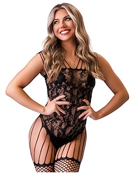 Front view of KIXIES ALL-IN-ONE FISHNET AND LACE BODYSTOCKING