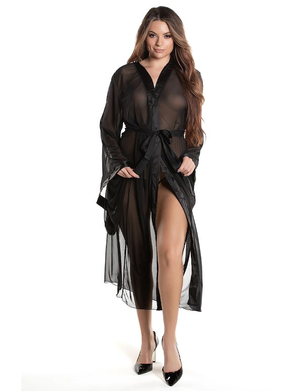 MADELINE LONG MESH ROBE WITH BELL SLEEVES AND SATIN DETAIL ALT2 view Color: BK
