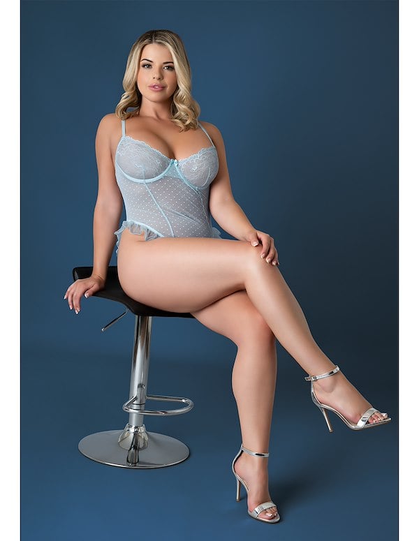 BLUE SKY PLUS SIZE CROTCHLESS TEDDY WITH RUFFLE DETAIL ALT4 view Color: LB