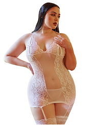 Front view of KILLER LEGS INFATUATING FLORAL FISHNET BODYSTOCKING W/ THONG - PLUS