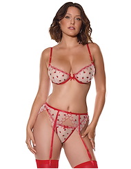 Front view of BERRY SWEET BRA AND G-STRING WITH GARTER BELT