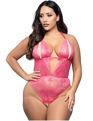 Front view of SHIMMER LACE CROTCHLESS PEARL TEDDY - PLUS