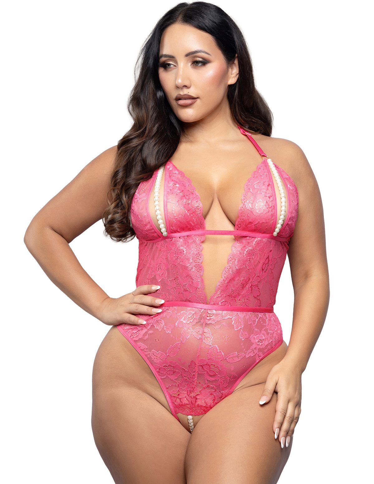 alternate image for SHIMMER LACE CROTCHLESS PEARL TEDDY - PLUS