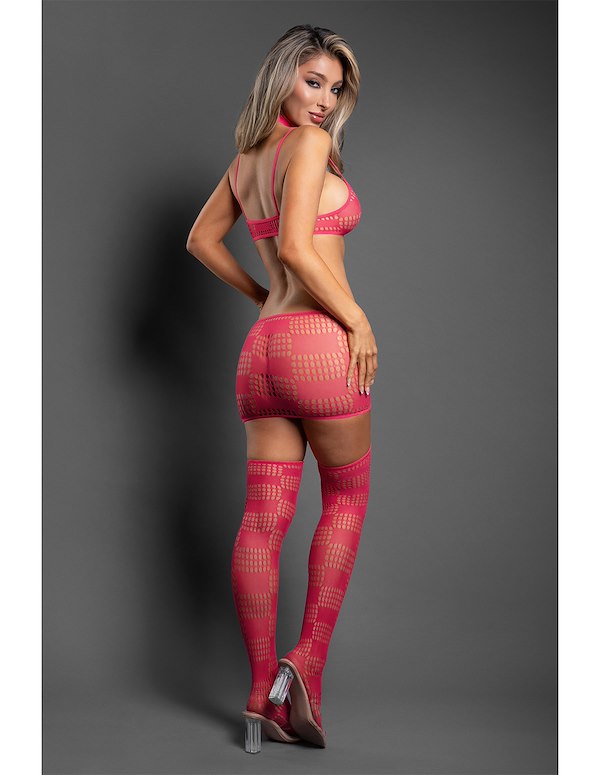 UNMATCHED BRALETTE AND HARNESS SKIRT WITH GARTERED STOCKINGS ALT4 view Color: HP