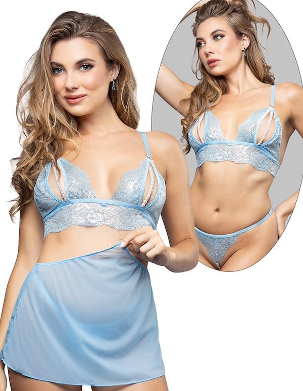 METALLIC LACE 2-IN-1 BRALETTE AND G-STRING WITH DETACHABLE SKIRT ALT1 view Color: LB
