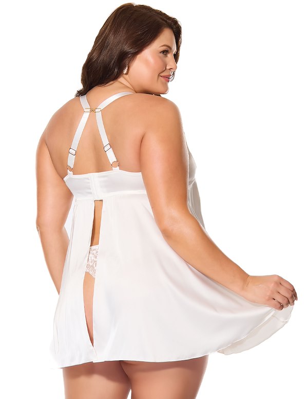 KISSED BY SATIN PLUS SIZE BABYDOLL AND THONG ALT1 view Color: WH