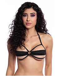 Front view of BLACK CUT-OUT BIKINI TOP - LYCRA