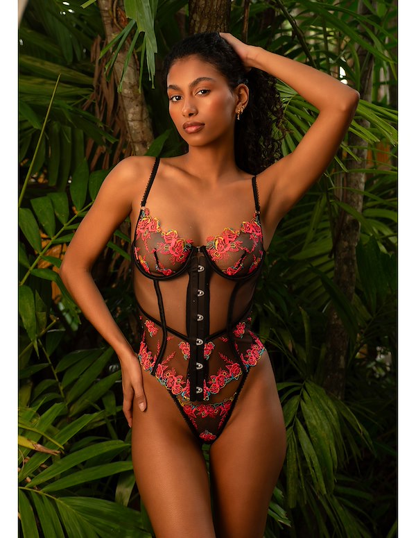 MIDNIGHT ROSE EMBROIDERED CORSET AND THONG ALT2 view Color: BHP