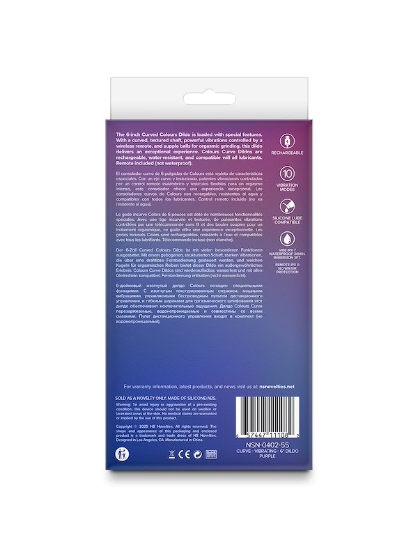 COLOURS CURVE VIBRATING 6 INCH DILDO IN PURPLE ALT3 view Color: PR