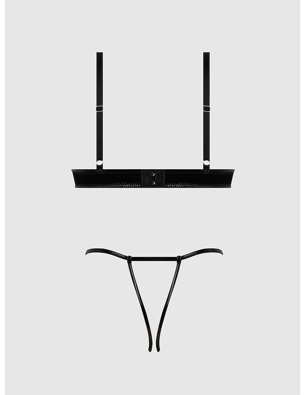 TRINITY PLUS SIZE PATENT BRA AND LACE UP CROTCHLESS PANTY SET ALT5 view Color: BK