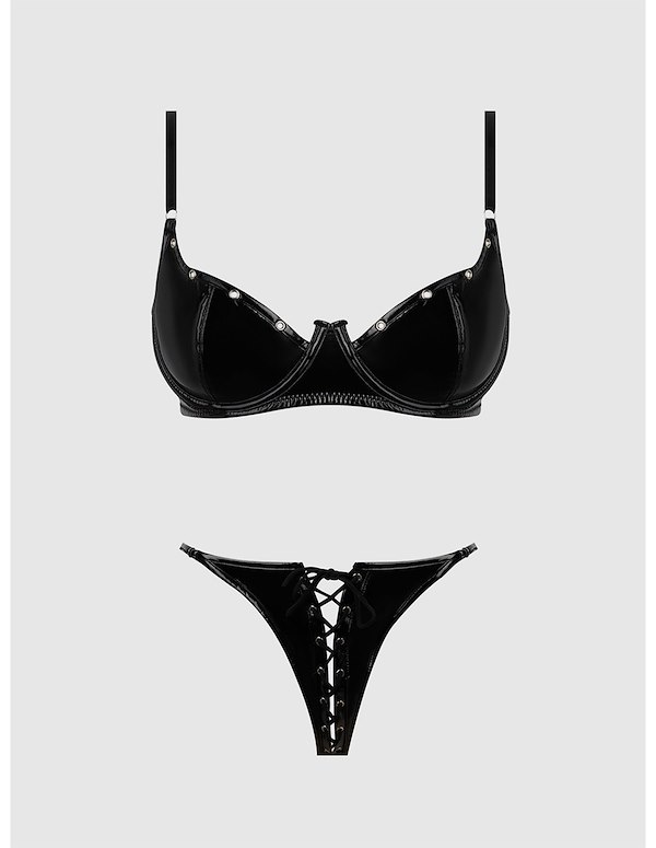 TRINITY PATENT BRA AND LACE UP CROTCHLESS PANTY SET ALT4 view Color: BK
