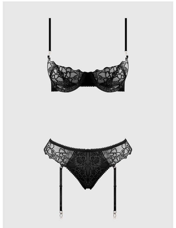 EDEN EMBROIDERED LACE BRA AND BACKLESS HIPSTER SET ALT2 view Color: BK