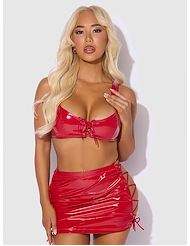 Front view of TRINITY PATENT LACE UP BRALETTE AND SKIRT WITH G-STRING