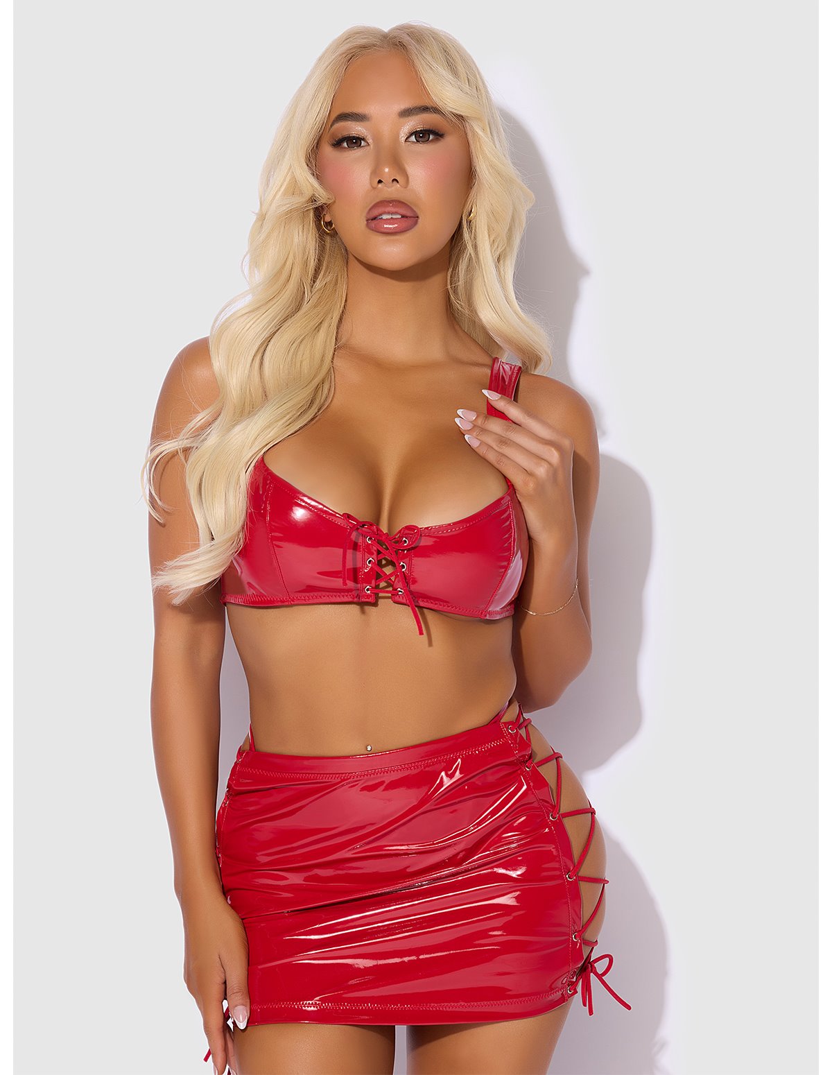 alternate image for TRINITY PATENT LACE UP BRALETTE AND SKIRT WITH G-STRING
