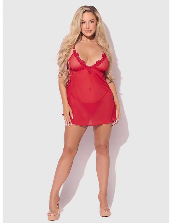 ASHLEY ALEXISS RED LACE PLUS SIZE BABYDOLL ALT4 view Color: RD