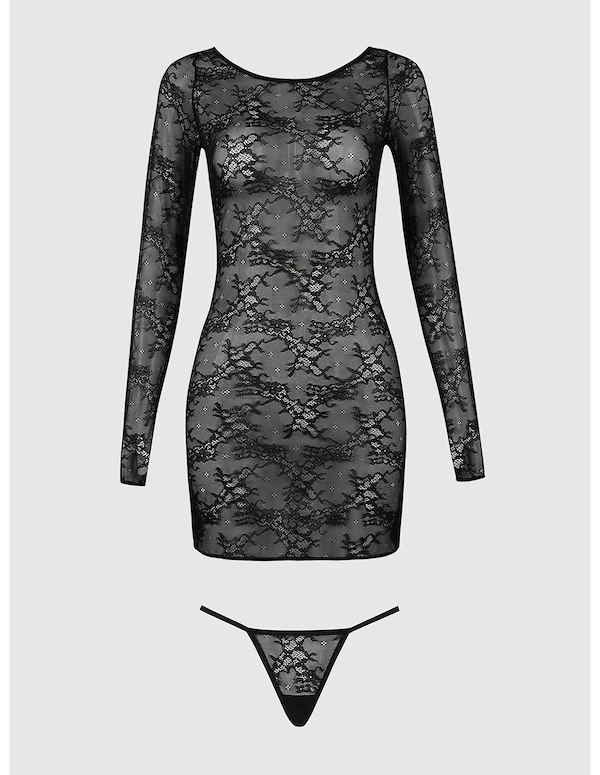 YVONE LACE PLUS SIZE LONG SLEEVE DRESS AND G-STRING ALT6 view Color: BK