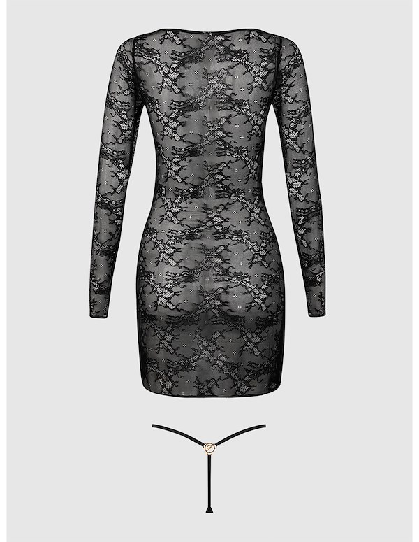 YVONE LACE PLUS SIZE LONG SLEEVE DRESS AND G-STRING ALT7 view Color: BK
