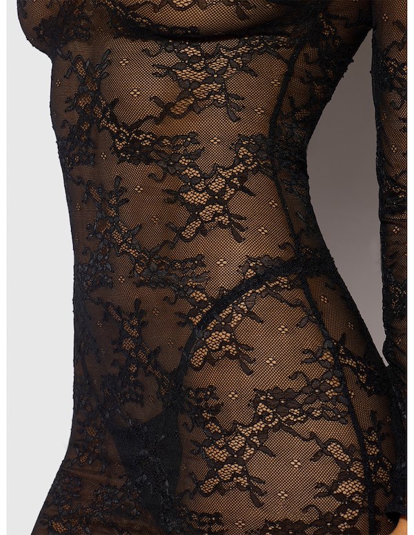 YVONE LACE LONG SLEEVE DRESS AND G-STRING ALT2 view Color: BK