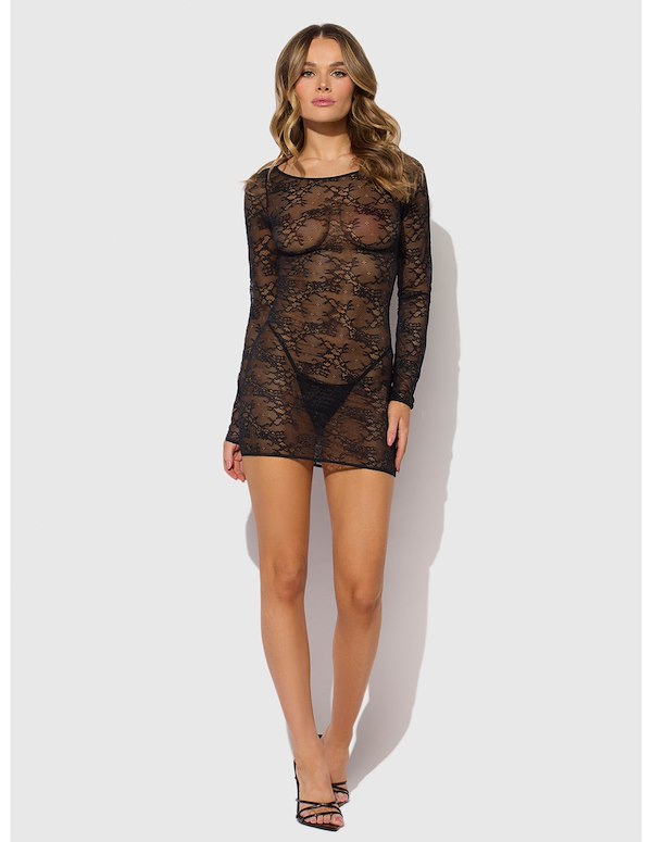 YVONE LACE LONG SLEEVE DRESS AND G-STRING ALT5 view Color: BK