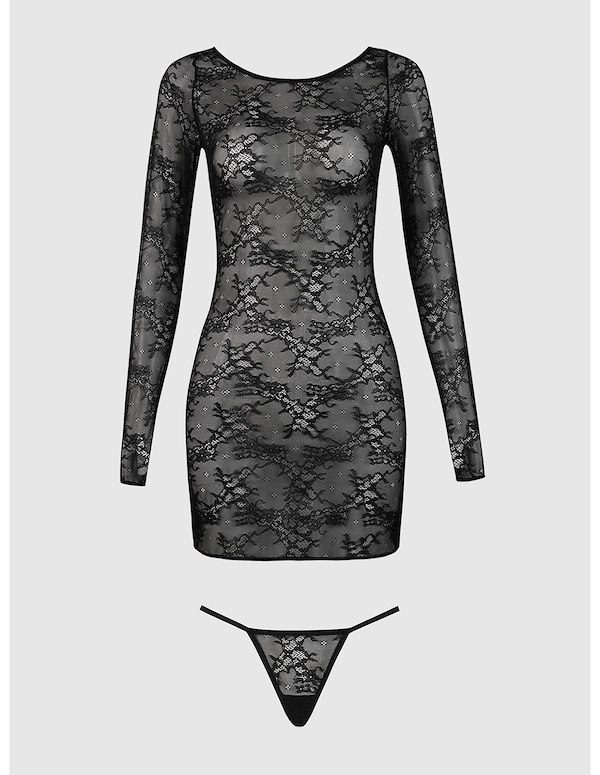 YVONE LACE LONG SLEEVE DRESS AND G-STRING ALT6 view Color: BK