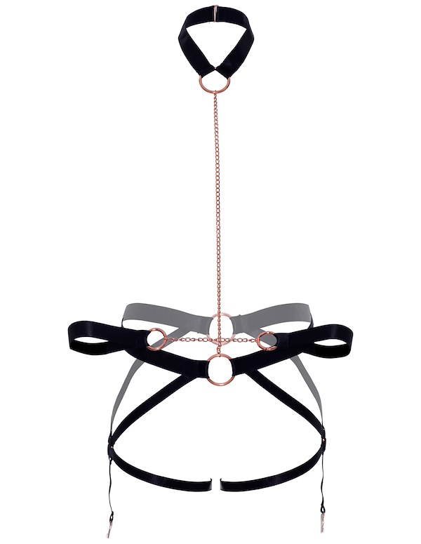 2PC SATIN ELASTIC HARNESS WITH CHOKER AND WRIST RESTRAINTS ALT4 view Color: BK