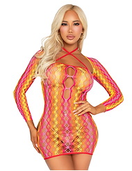 Front view of 2PC ZIG ZAG NET TWIST HALTER DRESS WITH SHRUG
