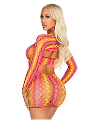 Alternate back view of 2PC ZIG ZAG NET TWIST HALTER DRESS WITH SHRUG