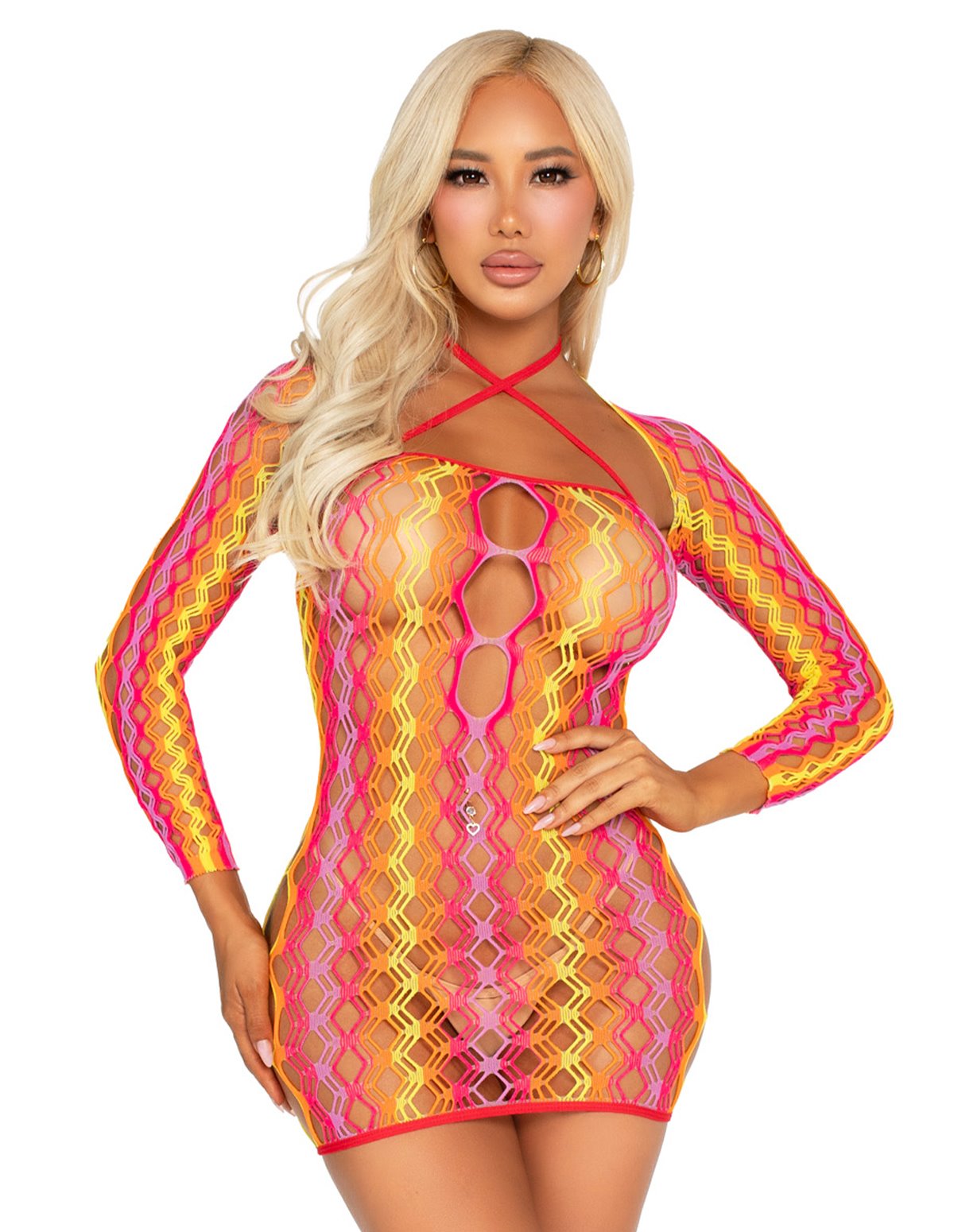 alternate image for 2PC ZIG ZAG NET TWIST HALTER DRESS WITH SHRUG