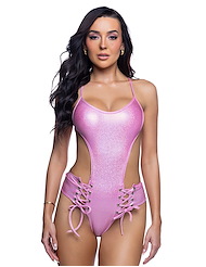 Front view of J VALENTINE SHIMMER LACE-UP BODYSUIT